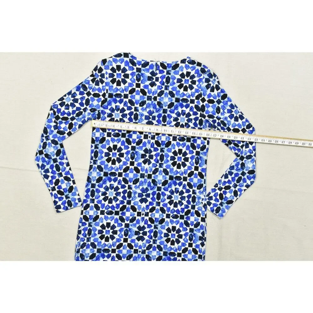 Michael Kors Womens Size S Blue Geometric Mosaic Tile Print Long Sleeve Dress